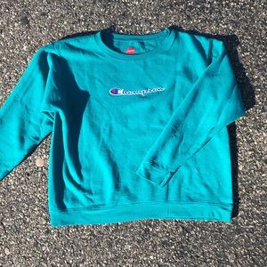 turquoise hanes sweatshirt with champion logo